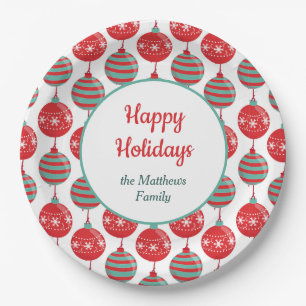 Red and Teal Christmas Bulbs Paper Plate