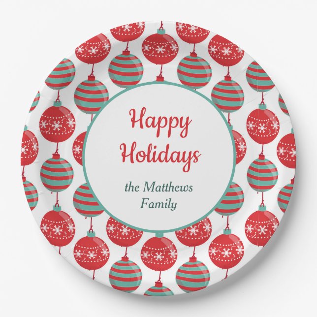 Red and Teal Christmas Bulbs Paper Plate (Front)