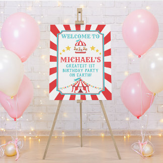 Red and Teal Circus Carnival Birthday Welcome Sign