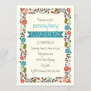 Red and teal floral border women birthday party invitation