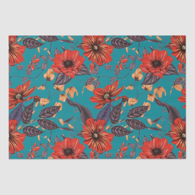 Red and Teal Floral Pattern Tissue Paper (Front)