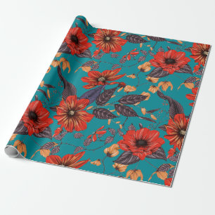 Red and Teal Floral Pattern Wrapping Paper