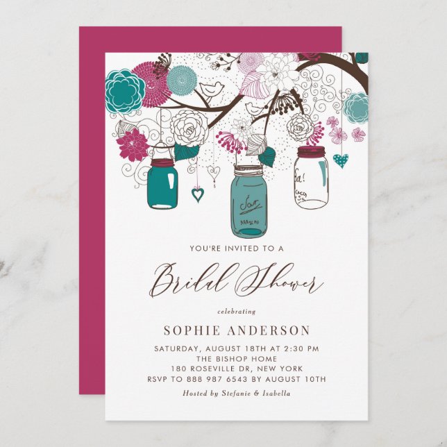 Red and Teal Mason Jars Bridal Shower Invitation (Front/Back)