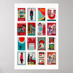 Red and Teal Matchbox Label Collage, cool contrast Poster