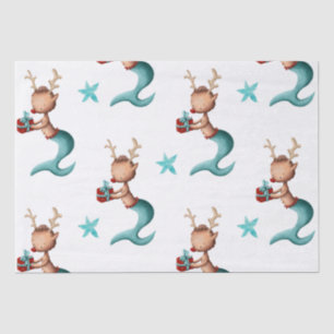 Red and Teal Mermaid Reindeer with Stars Christmas Tissue Paper