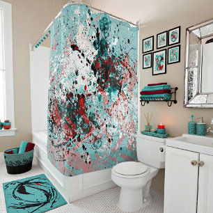 Red and teal splatters shower curtain