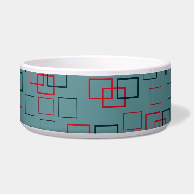 Red and Teal Squared Delight Ceramic Pet Bowl (Front)