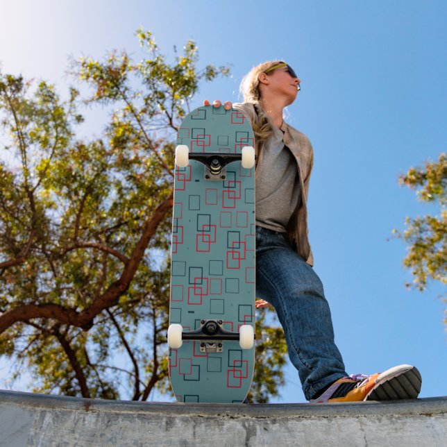 Red and Teal Squared Delight  Skateboard (Outdoor 1)