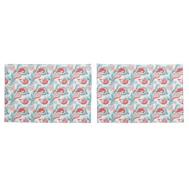 Red and Teal White Background Paisley Pattern  Pillowcase (Back-Set)