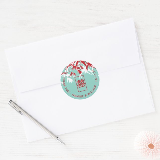 Red And Turquoise Bamboo Leaves Zen Asian Wedding Classic Round Sticker (Envelope)