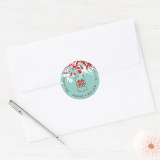Red And Turquoise Bamboo Leaves Zen Asian Wedding Classic Round Sticker