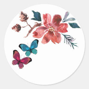 Red and Turquoise Butterflies and Flowers Classic Round Sticker