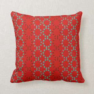 Red and Turquoise Dash Circles on Red Background Cushion