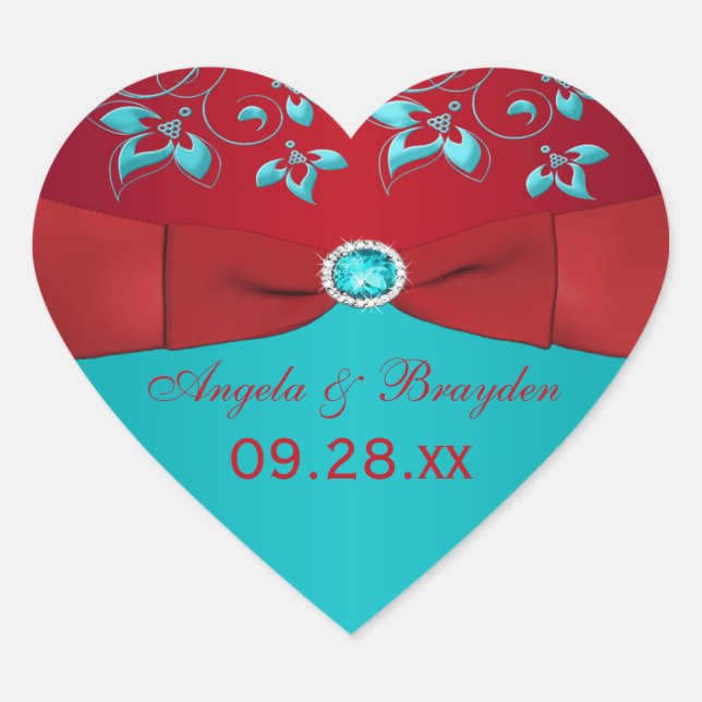 Red and Turquoise Floral Wedding Favour Sticker (Front)