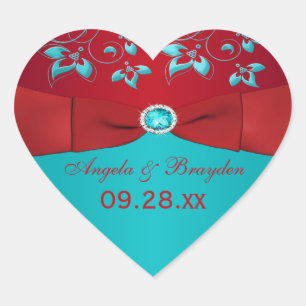 Red and Turquoise Floral Wedding Favour Sticker