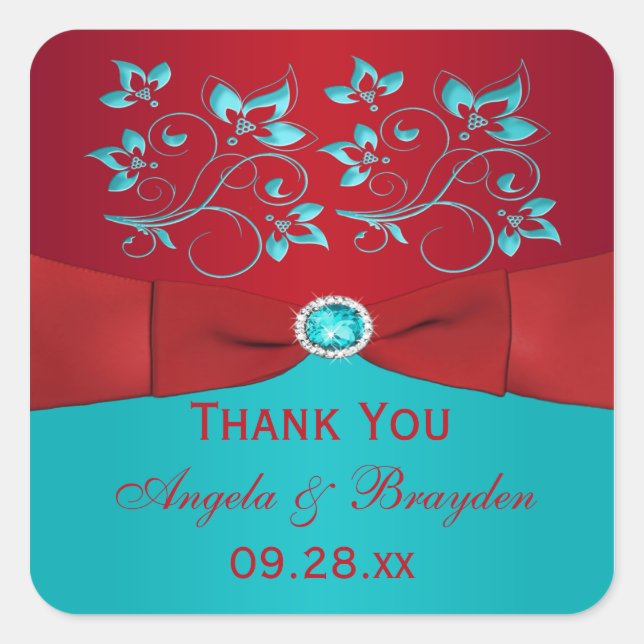 Red and Turquoise Floral Wedding Favour Sticker (Front)
