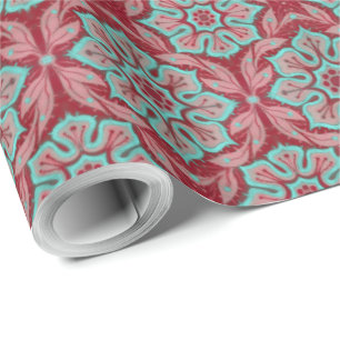 "Red and turquoise flower” floral arabesque Wrapping Paper
