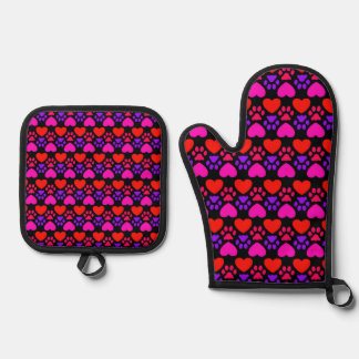 Red and Violet Heart and Paw Design Oven Mitt & Pot Holder Set