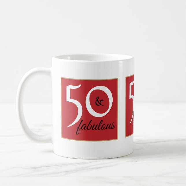 Red and white 50 and Fabulous Birthday Party Coffee Mug (Left)