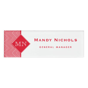 Red and White Abstract Chevron Pattern Monogram Name Tag