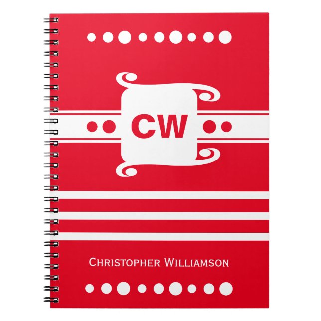 Red and white add initials name striped notebook (Front)