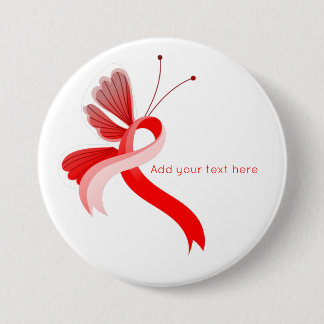 Red and White Awareness Ribbon Butterfly  Button