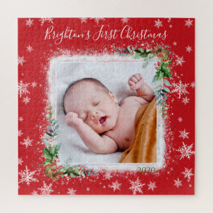 Red and White Baby’s First Christmas Photo Name Jigsaw Puzzle