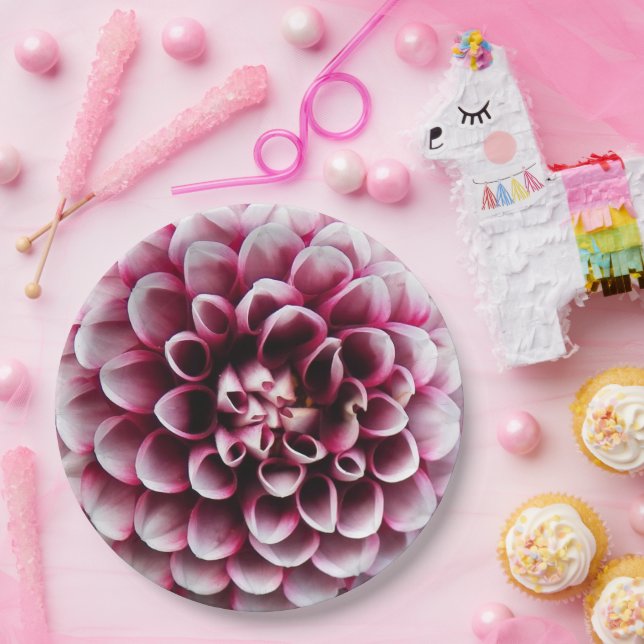 Red and White Ball Dahlia Floral Paper Plate (Party)