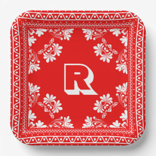 Red and White Bandanna Design With Monogram Paper Plate