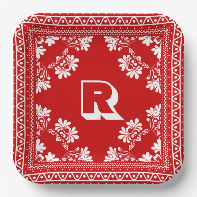 Red and White Bandanna Design With Monogram Paper Plate (Front)