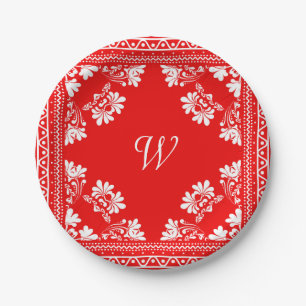 Red and White Bandanna With Monogram Paper Plate