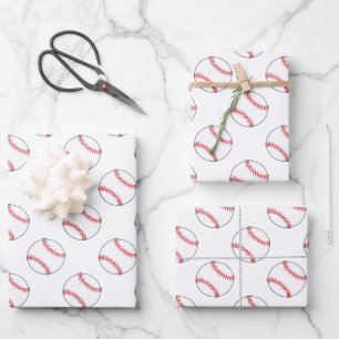 Red and White Baseballs   Any Background Color  Wrapping Paper Sheet