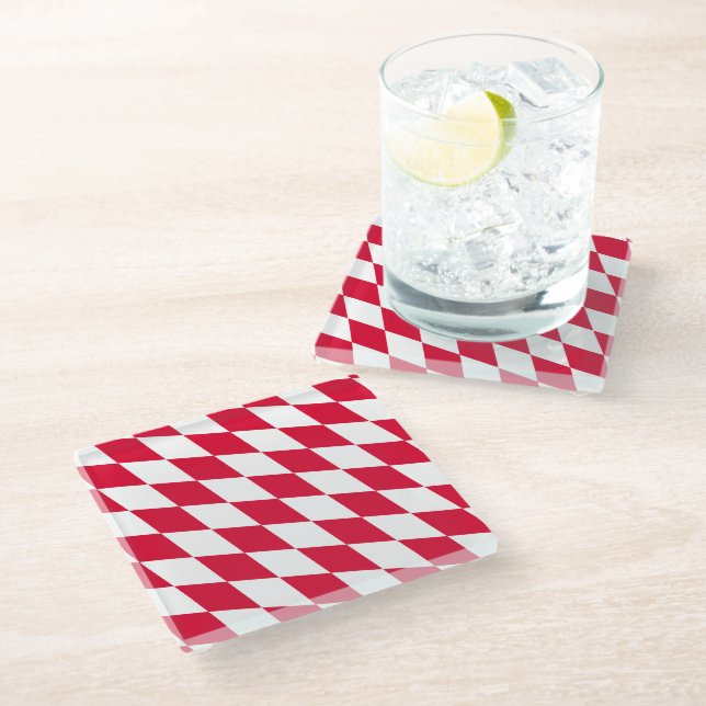 Red and White Bavaria Diamond Flag Pattern Glass Coaster (Angled)