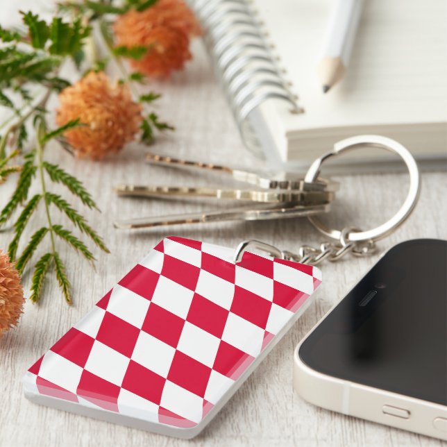 Red and White Bavaria Diamond Flag Pattern Key Ring (Front Right)
