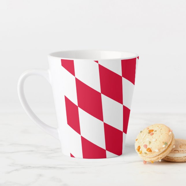 Red and White Bavaria Diamond Flag Pattern Latte Mug (In Situ)