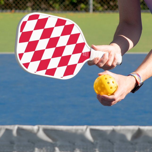 Red and White Bavaria Diamond Flag Pattern Pickleball Paddle (Insitu)