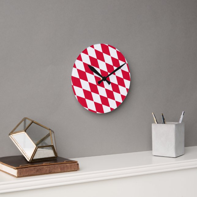 Red and White Bavaria Diamond Flag Pattern Round Clock (Office)