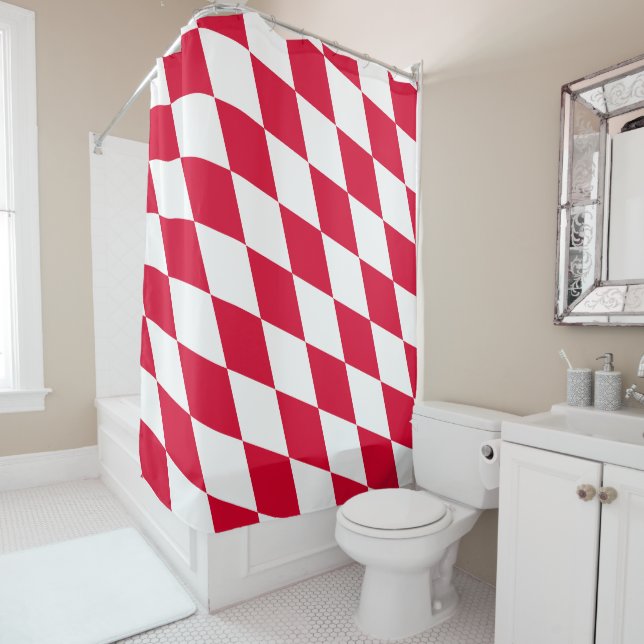 Red and White Bavaria Diamond Flag Pattern Shower Curtain (In Situ)