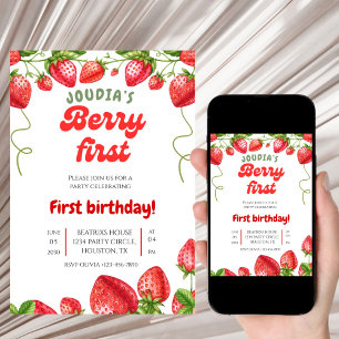 Red and White Berry Cute Watercolor 1st Birthday Invitation