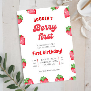 Red and White Berry Cute Watercolor 1st Birthday  Invitation