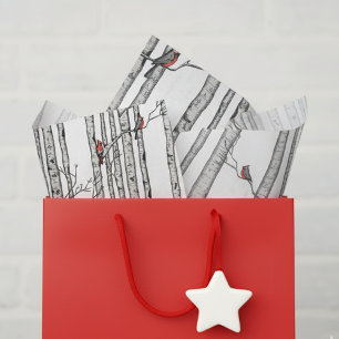 Red and White Birch Trees and Red Cardinal Birds Tissue Paper