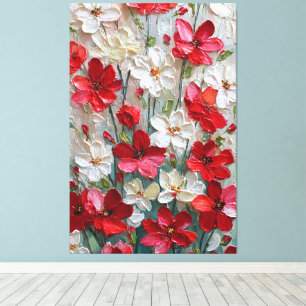 Red and White Blossoms with Green Stems Impasto Canvas Print