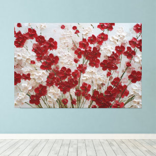 Red and White Blossoms with Green Stems – Impasto Canvas Print