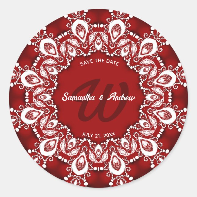 Red and White Bohemian Lace  Save the Date Classic Round Sticker (Front)