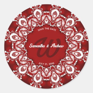 Red and White Bohemian Lace  Save the Date Classic Round Sticker
