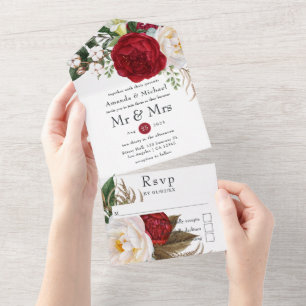 Red and White Boho Floral Wedding All In One Invit All In One Invitation