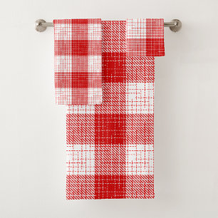 Red and White Bold Checkered Plaid Design Bath Towel Set