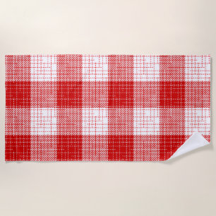 Red and White Bold Checkered Plaid Design Beach Towel