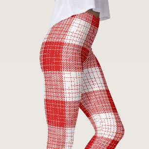 Red and White Bold Checkered Plaid Design Leggings