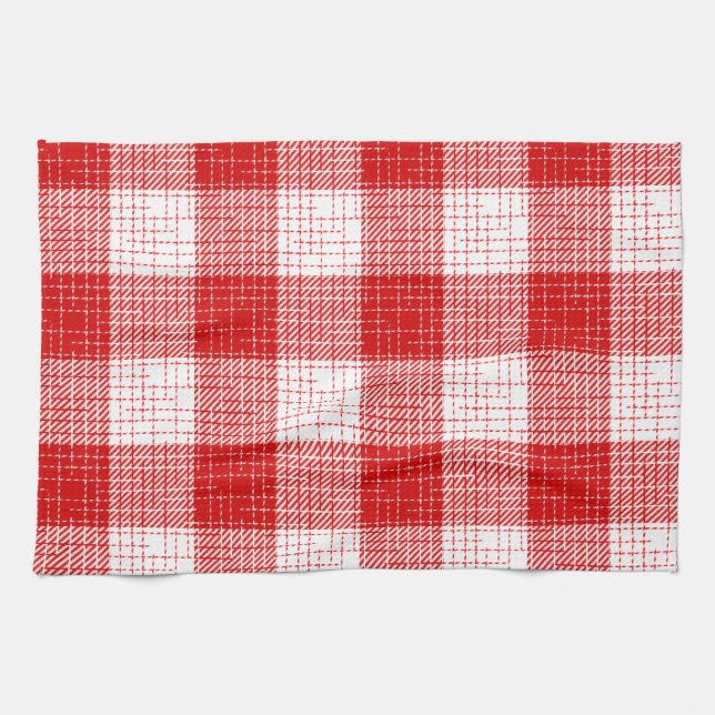 Red and White Bold Checkered Plaid Design  Tea Towel (Horizontal)